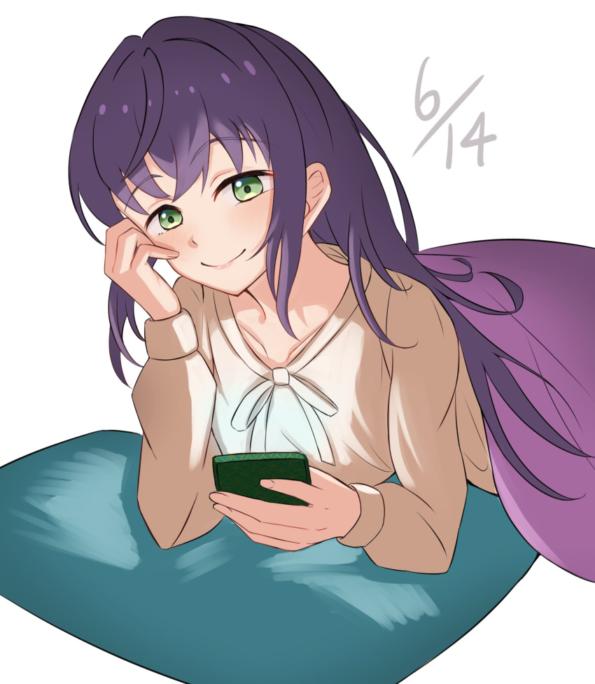 1girl absurdres brown_dress cellphone closed_mouth collarbone commentary_request dated dress green_eyes hair_down highres holding holding_phone ixianim link!_like!_love_live! long_hair long_sleeves looking_at_viewer love_live! lying on_stomach otomune_kozue phone purple_hair sidelocks simple_background smartphone smile solo split_mouth under_covers upper_body virtual_youtuber white_background