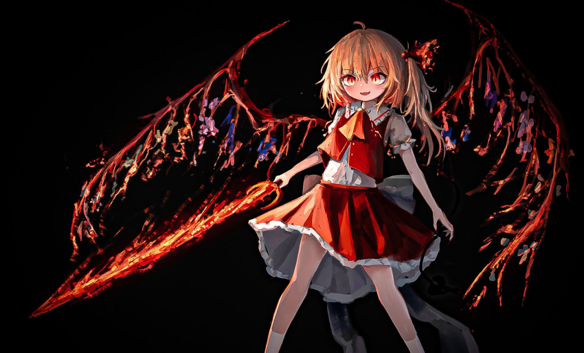 1girl ascot blonde_hair blush fire flandre_scarlet hat highres holding holding_sword holding_weapon long_hair mob_cap multicolored_wings no_headwear one_side_up open_mouth puffy_short_sleeves puffy_sleeves red_eyes red_skirt red_vest reverinth short_sleeves side_ponytail skirt skirt_set smile solo sword touhou vest weapon wings yellow_ascot