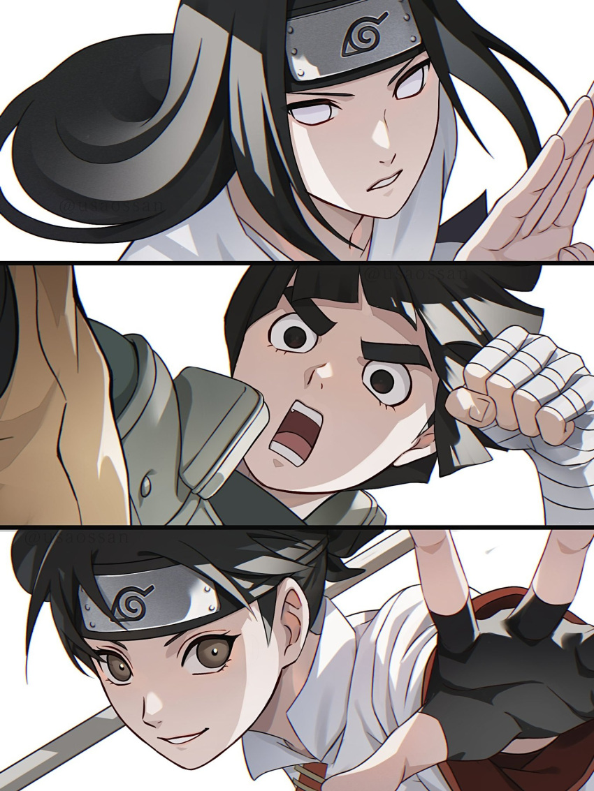 1girl 2boys bandaged_arm bandages black_eyes black_gloves black_hair brown_eyes double_bun fingerless_gloves forehead_protector gloves hair_bun highres holding holding_polearm holding_weapon hyuuga_neji konohagakure_symbol long_hair long_sleeves looking_at_viewer multiple_boys naruto_(series) naruto_shippuuden polearm rock_lee short_hair smile teeth tenten_(naruto) thick_eyebrows twitter_username usao_(313131) violet_eyes weapon