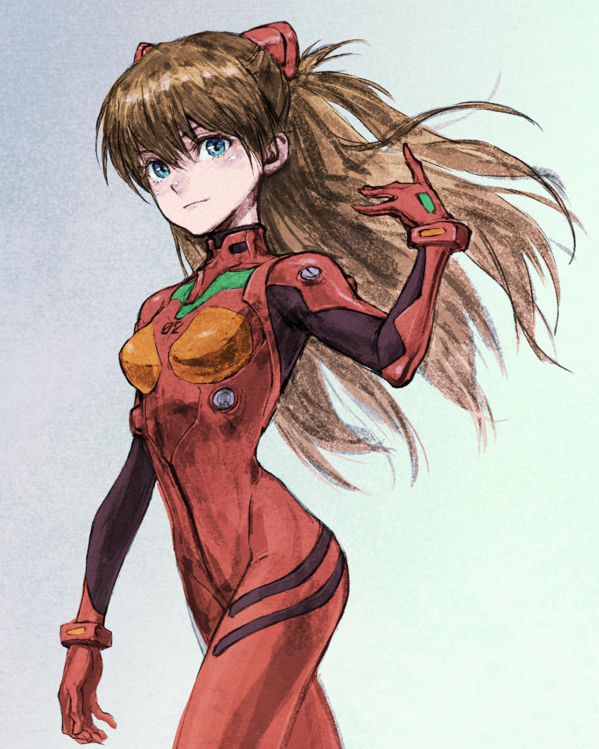 1girl blue_eyes bodysuit breasts brown_hair commentary_request floating_hair headgear highres interface_headset iwamoto_tatsurou long_hair looking_at_viewer neon_genesis_evangelion pilot_suit plugsuit rebuild_of_evangelion red_bodysuit simple_background small_breasts smile solo souryuu_asuka_langley unfinished