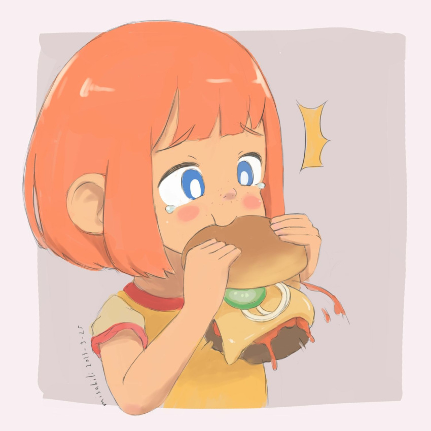 1girl ^^^ artist_name blue_eyes blush blush_stickers burger cheese child commentary dated daughter_(yoru_mac) eating english_commentary food food_bite freckles highres holding holding_burger holding_food ketchup mcdonald's misakili onion orange_hair pickle sad shirt short_hair solo tears two-tone_background yellow_shirt yoru_mac