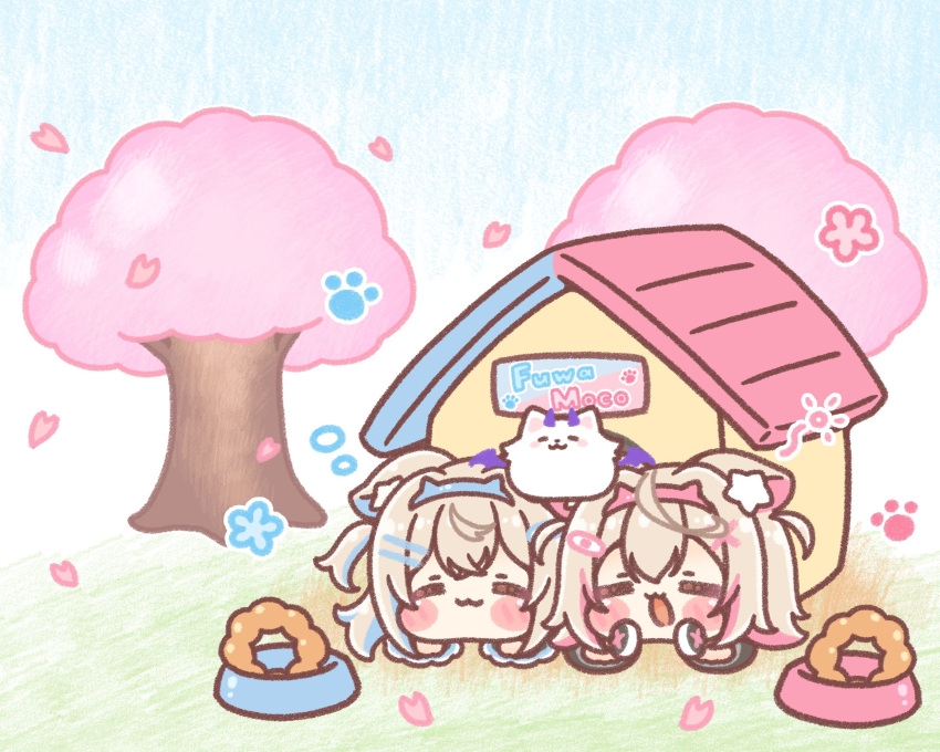 animal_ear_fluff animal_ears blonde_hair blue_hair character_name cherry_blossoms chibi closed_eyes dog_ears dog_girl doghouse falling_petals fuwawa_abyssgard fuwawa_abyssgard_(1st_costume) highres hololive hololive_english long_hair lying mitarashi_neko mococo_abyssgard mococo_abyssgard_(1st_costume) multicolored_hair on_stomach perroccino_(fuwamoco) petals pink_hair short_hair streaked_hair tree two-tone_hair two_side_up