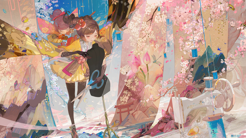 1girl architecture bird black_gloves black_thighhighs branch brown_hair bug building buttons character_doll cherry_blossoms chiori_(genshin_impact) choker crescent_moon dragonfly drill_hair drill_ponytail east_asian_architecture fabric fish flower full_body genshin_impact gloves goldfish grey_kimono hair_flower hair_ornament hair_stick haori heel-less_heels highres holding holding_scissors jacket japanese_clothes kimono kimono_skirt long_hair looking_at_object lotus mannequin moon mountain okobo oversized_object pink_flower pleated_skirt red_eyes red_flower red_sash ribbon_choker sandals sash scissors sewing_machine skirt smile solo spool standing standing_on_one_leg swallow_(bird) swept_bangs tamoto_(genshin_impact) thigh-highs thread torii white_flower wide_sleeves wu_xiao_xian yellow_jacket yellow_skirt