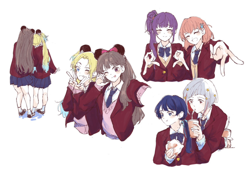 6+girls :t ;d ;p alternate_costume animal_ear_hairband animal_ears blazer blonde_hair blue_bow blue_bowtie blue_eyes blue_hair blue_necktie blue_ribbon blue_skirt blush bow bow_hairband bowtie brown_cardigan brown_footwear brown_hair brown_jacket burger cardigan chewing closed_eyes closed_mouth colored_inner_hair cropped_torso cup dark_blue_hair disneyland disposable_cup double_gyaru_v double_v dress_shirt drinking drinking_straw drinking_straw_in_mouth facing_viewer fake_animal_ears fang food fujishima_megumi grey_hair grin gyaru_v hair_bun hair_ornament hairband hashtag_only_commentary highres hinoshita_kaho holding holding_cup holding_food jacket l9525 light_blue_hair link!_like!_love_live! loafers long_hair long_sleeves looking_at_another looking_at_viewer love_live! low_twintails medium_hair minnie_mouse_ears mole mole_on_neck mouse_ears multicolored_hair multiple_girls murano_sayaka neck_ribbon necktie nervous_smile one_eye_closed open_clothes open_jacket open_mouth orange_hair osawa_rurino otomune_kozue parted_bangs pink_bow pink_sweater pleated_skirt purple_hair rabbit_hair_ornament red_eyes redhead ribbon school_uniform selfie shirt shoes short_hair side_ahoge side_ponytail sidelocks simple_background single_side_bun skirt small_sweatdrop smile socks split_mouth star_(symbol) star_hair_ornament streaked_hair sweater tongue tongue_out twintails two-tone_hair two_side_up v violet_eyes virtual_youtuber white_background white_shirt white_socks winter_uniform yugiri_tsuzuri