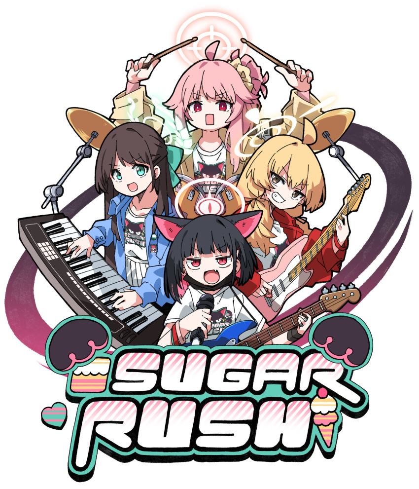 4girls :d absurdres ahoge airi_(band)_(blue_archive) badge black_eyes black_hair blonde_hair blue_archive blue_jacket brown_hair brown_jacket button_badge collarbone collared_jacket colored_inner_hair datemegane drum green_eyes grin guitar halo highres holding holding_instrument holding_plectrum instrument jacket kazusa_(band)_(blue_archive) keyboard_(instrument) long_sleeves looking_at_viewer microphone multicolored_hair multiple_girls natsu_(band)_(blue_archive) open_clothes open_jacket open_mouth pink_eyes pink_hair pleated_skirt plectrum print_shirt red_eyes red_jacket shirt side_ponytail simple_background skirt smile square_mouth teeth white_background white_shirt white_skirt yoshimi_(band)_(blue_archive)