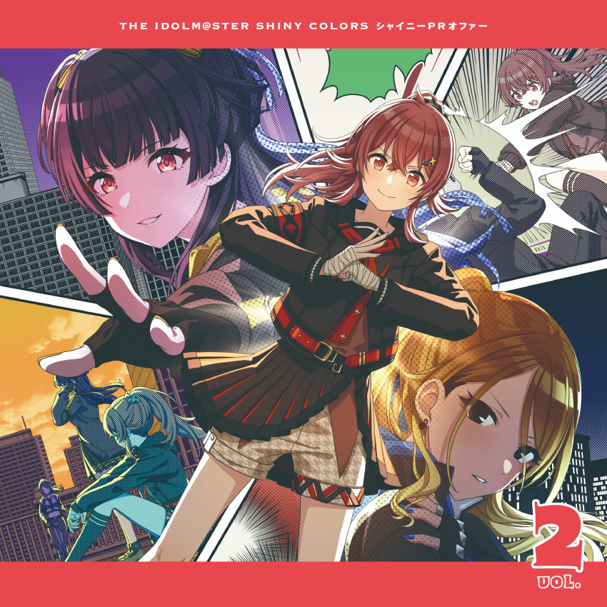 3girls absurdres ahoge album_cover bandaged_hand bandages black_eyes black_gloves black_hair blue_nails brown_eyes brown_hair collage commentary_request cover fingerless_gloves gloves highres hood hooded_jacket idolmaster idolmaster_shiny_colors izumi_mei jacket komiya_kaho long_hair looking_at_viewer mayuzumi_fuyuko multiple_girls official_art ponytail red_eyes redhead shorts two_side_up