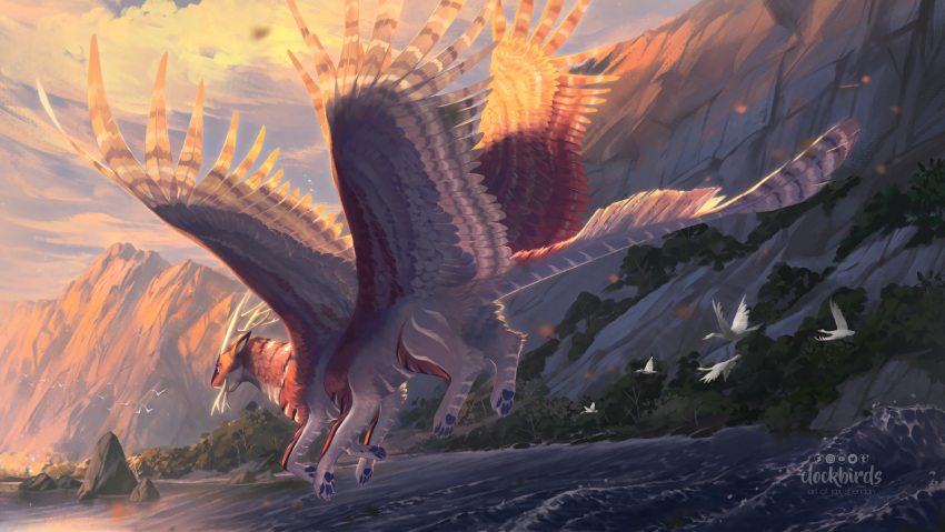 animal_focus artist_name bird blue_sky clockbirds clouds commentary crane_(animal) creature english_commentary fantasy feathered_wings flying from_side grey_wings highres horns landscape moss mountain multiple_wings no_humans orange_wings original partially_feathered_tail photoshop_(medium) river rock simple_bird sky solo spread_wings sunset watermark waves white_horns winged_animal wings