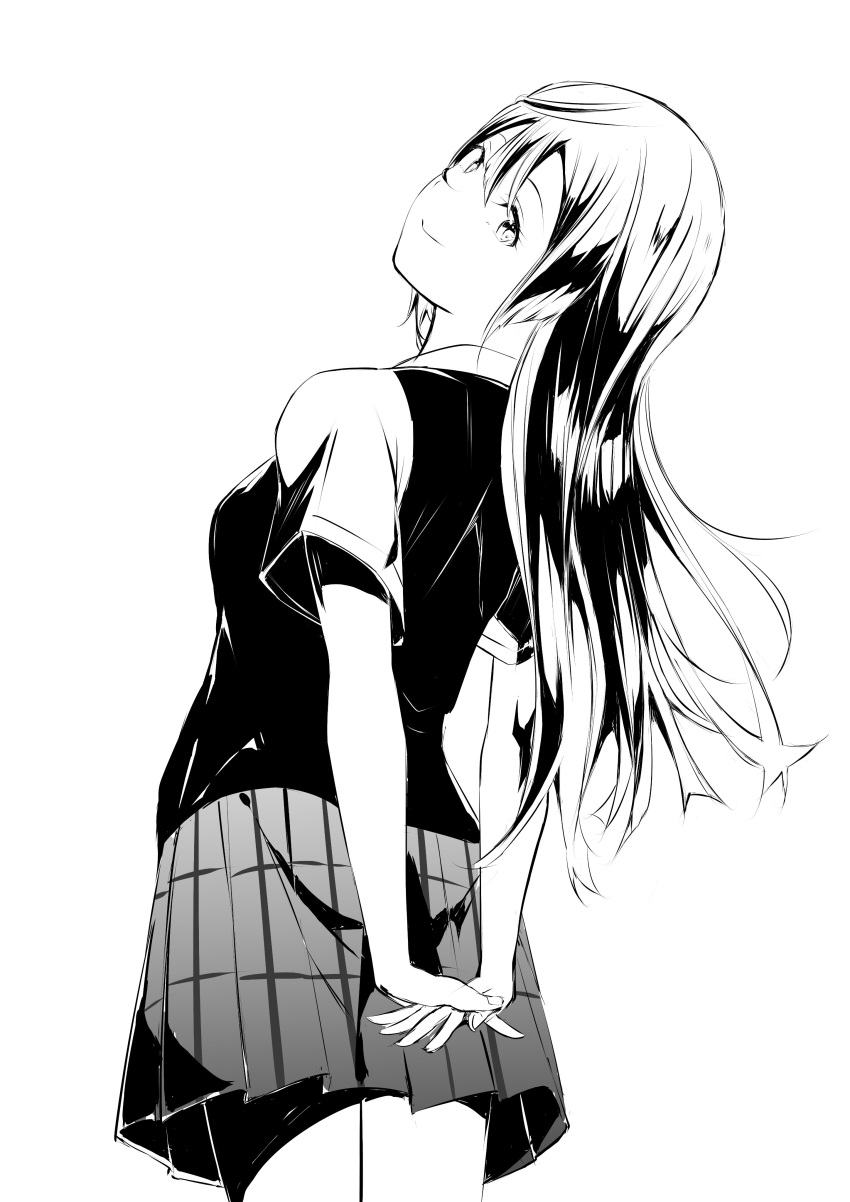 1girl absurdres arms_behind_back breasts closed_mouth commentary_request from_behind greyscale highres interlocked_fingers leaning_back long_hair looking_at_viewer love_live! love_live!_nijigasaki_high_school_idol_club medium_breasts monochrome nijigasaki_academy_school_uniform own_hands_together plaid plaid_skirt pleated_skirt school_uniform short_sleeves skirt solo standing summer_uniform tommer upper_body white_background yuki_setsuna_(love_live!)