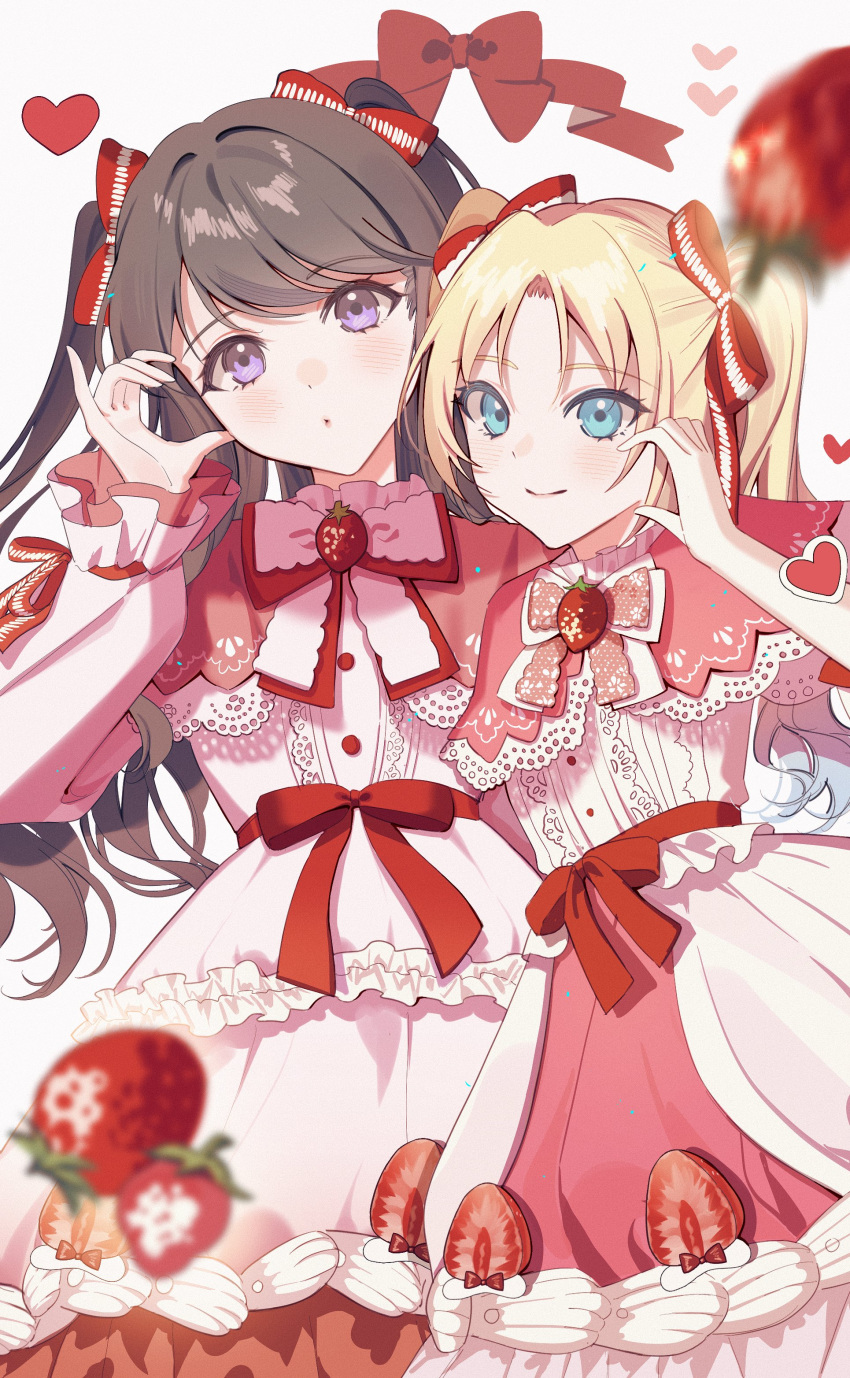 2girls absurdres blonde_hair blue_eyes blush bow brown_hair capelet closed_mouth commentary dkou dress dress_ribbon falling food food-themed_clothes frilled_dress frills fruit fujishima_megumi hair_ribbon half-heart_hands hand_on_own_face head_tilt heart highres lace-trimmed_capelet lace-trimmed_dress lace_trim link!_like!_love_live! long_hair long_sleeves looking_at_viewer love_live! mira-cra_park! motion_blur multiple_girls official_alternate_costume osawa_rurino parted_bangs pink_capelet pink_dress puckered_lips puffy_long_sleeves puffy_sleeves red_bow red_ribbon ribbon smile strawberry symbol-only_commentary twintails two_side_up violet_eyes virtual_youtuber white_background white_dress