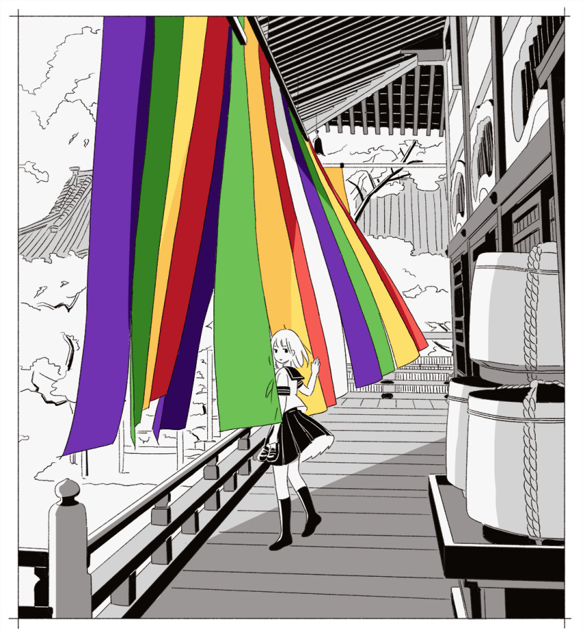1girl architecture east_asian_architecture flat_color highres holding holding_shoes limited_palette looking_at_viewer original outdoors pleated_skirt sake_barrel satou_odori school_uniform serafuku shoes shrine skirt sky socks solo spot_color