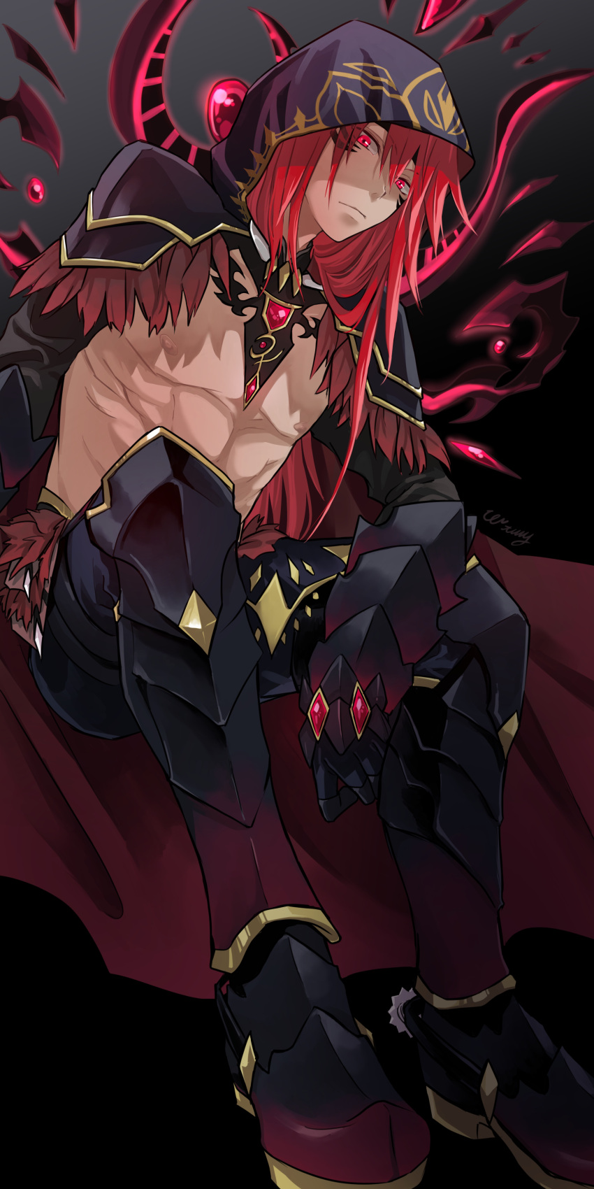 1boy abs absurdres armored_boots benimaru_(tensei_shitara_slime_datta_ken) boots capelet closed_mouth gauntlets highres hood hood_up hooded_capelet nipples red_eyes redhead sitting solo tensei_shitara_slime_datta_ken wata_miya_(shiro_momen)