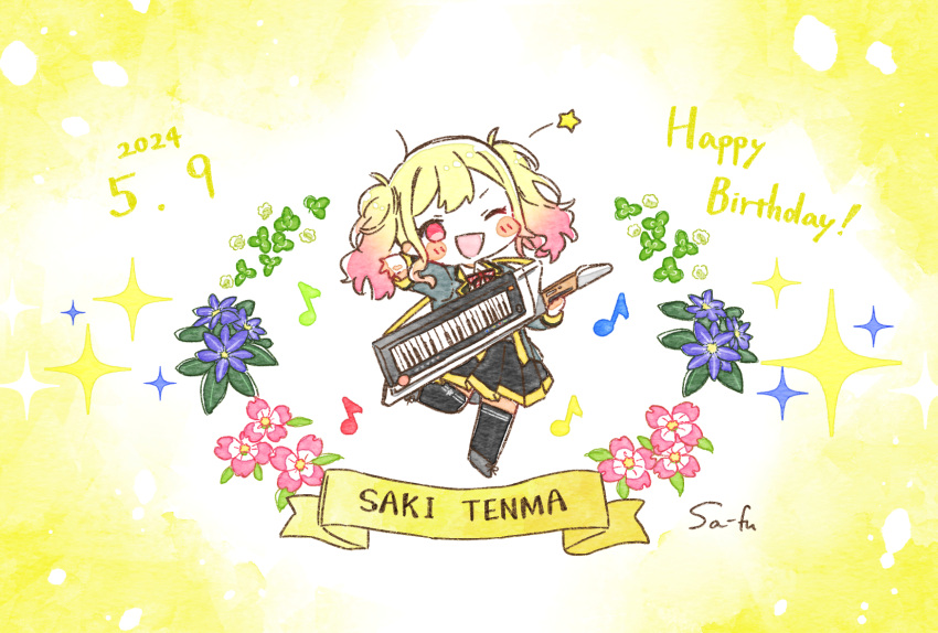 1girl :d black_skirt black_thighhighs blonde_hair blue_flower blush_stickers character_name chibi chibi_only dated eighth_note flower full_body gradient_hair grey_jacket happy_birthday highres holding holding_instrument instrument jacket keyboard_(instrument) long_hair looking_at_viewer miniskirt multicolored_hair musical_note neck_ribbon one_eye_closed open_mouth painting_(medium) pink_eyes pink_flower pink_hair pleated_skirt project_sekai red_ribbon ribbon sa-fu_(sfmk39) sidelocks simple_background skirt smile solo sparkle tenma_saki thigh-highs traditional_media twintails watercolor_(medium) yellow_background zettai_ryouiki