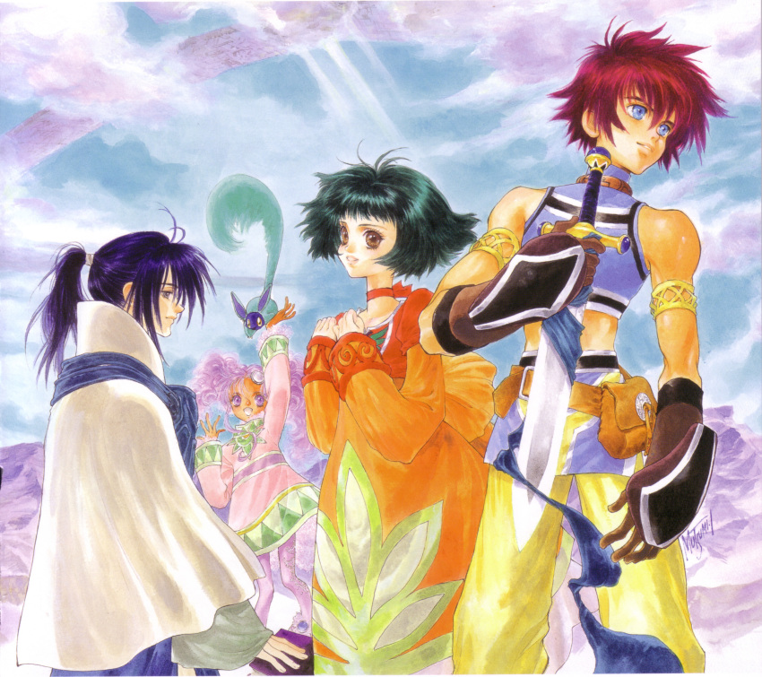 2boys 2girls arm_up armor blue_eyes blue_hair book bridge choker clouds creature day dress farah_oersted gloves green_hair highres inomata_mutsumi keele_zeibel long_sleeves meredy_(tales) mountain multiple_boys multiple_girls official_art orange_dress pantyhose pink_hair ponytail profile quickie_(tales) red_choker red_eyes reid_hershel ribbon_choker robe short_hair signature sky smile sword tail tales_of_(series) tales_of_eternia twintails weapon