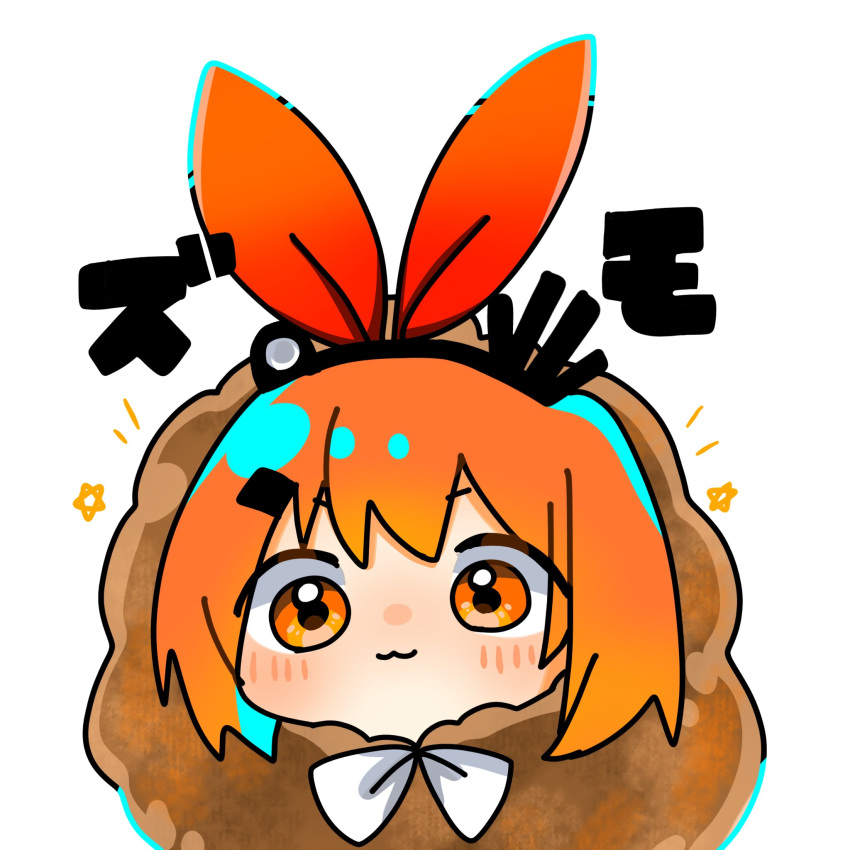 1girl :3 a.i._voice adachi_rei bow bowtie chibi closed_mouth commentary_request food_costume fried_chicken gorilla_ultra hair_bow hair_ornament hairclip headlamp highres looking_at_viewer orange_eyes orange_hair radio_antenna red_bow short_hair simple_background solo star_(symbol) translation_request utau v-shaped_eyebrows white_bow white_bowtie