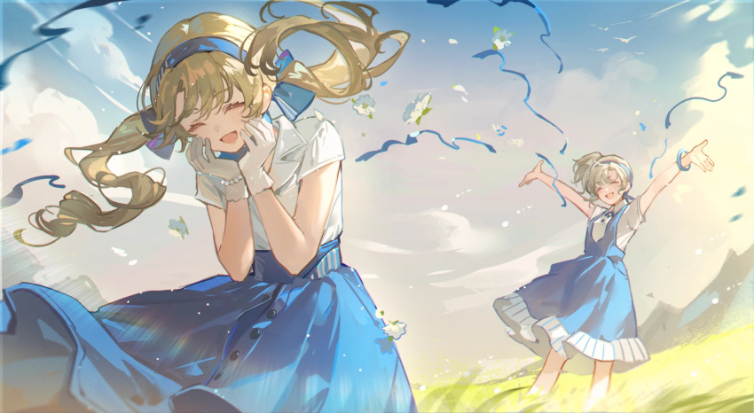 2girls ^_^ arms_up black_hairband blonde_hair blue_bow blue_skirt blue_sky bow bracelet closed_eyes clouds collared_shirt confetti fisheye floating_hair flower gloves grass grey_hair hair_bow hairband hands_on_own_face hands_up highres ichisaku jewelry leaning_forward long_hair matilda_bouanich medium_hair medium_skirt mountainous_horizon multiple_girls official_alternate_costume open_mouth outdoors outstretched_arms overall_skirt reverse:1999 shirt shirt_tucked_in short_sleeves side_ponytail skirt sky smile sotheby standing twintails white_flower white_gloves white_shirt