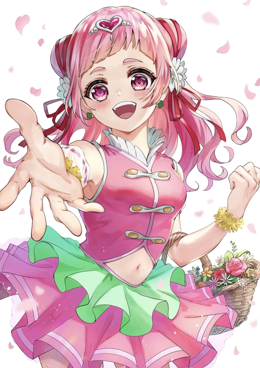 1girl basket blush cherry_blossoms clover_earrings cure_yell flower hair_flower hair_ornament hair_ribbon highres holding holding_basket hugtto!_precure long_hair muginome_(bakuga_chan2) nono_hana open_mouth outstretched_hand pink_eyes pink_hair pink_shirt pink_skirt precure red_ribbon ribbon shirt short_eyebrows skirt sleeveless sleeveless_shirt smile solo teeth upper_teeth_only