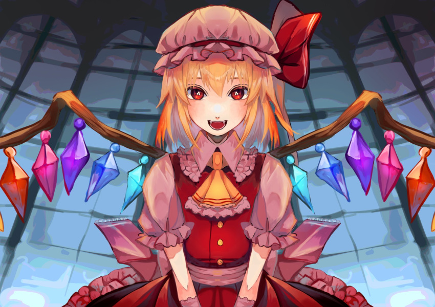 1girl :d ascot blonde_hair bow buttons collared_shirt commentary_request cowboy_shot crystal dress fangs flandre_scarlet flat_chest frilled_shirt_collar frilled_sleeves frills fushida hair_between_eyes hat hat_bow highres looking_at_viewer medium_bangs mob_cap open_mouth pinafore_dress pink_hat pink_shirt red_bow red_dress red_eyes shirt short_hair sleeveless sleeveless_dress smile solo touhou window wings yellow_ascot