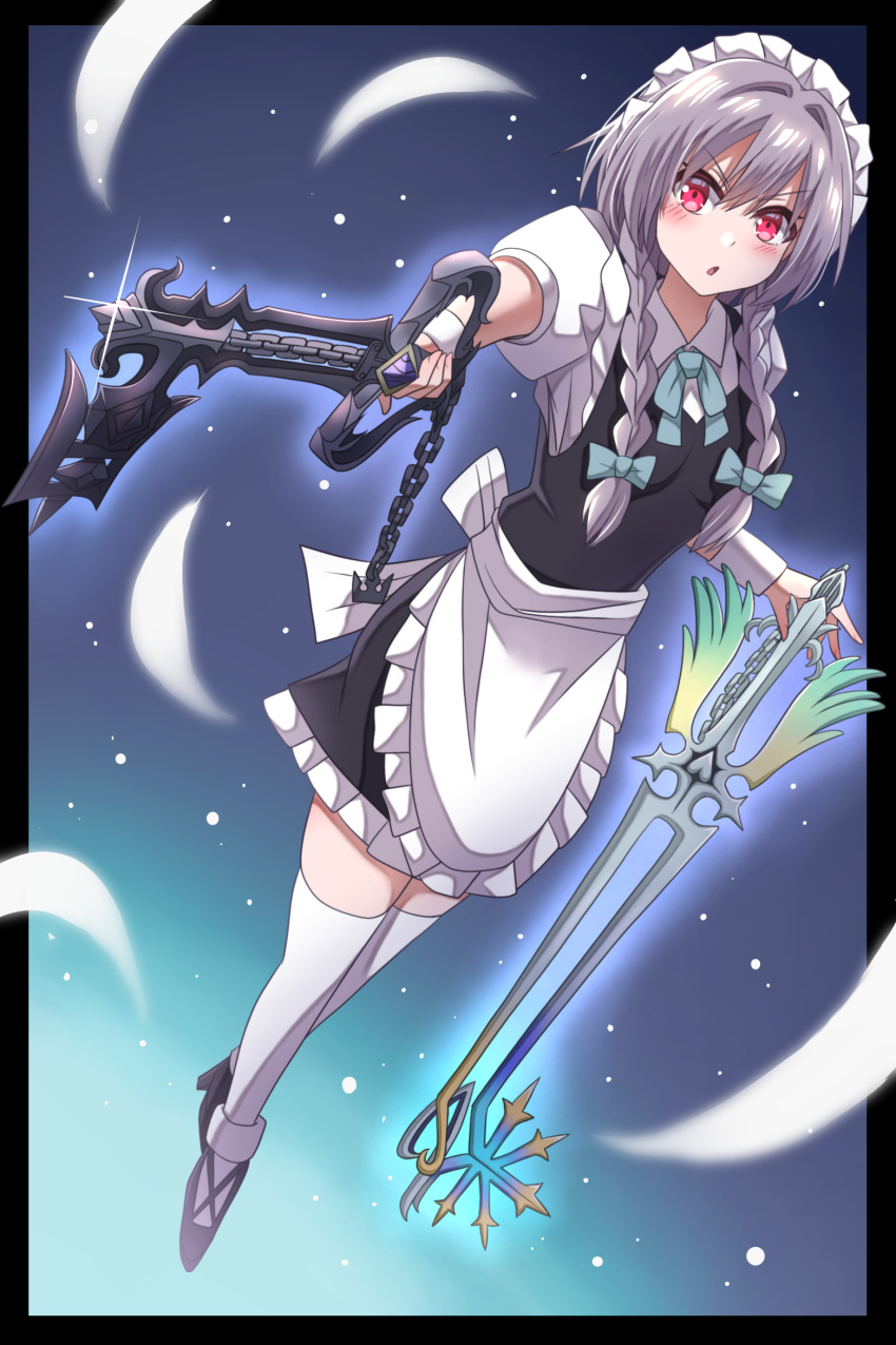 1girl apron blue_bow blush bow braid commentary_request dual_wielding glint grey_hair hair_bow happy_ginko highres holding holding_weapon izayoi_sakuya keyblade kingdom_hearts long_hair maid maid_headdress open_mouth red_eyes short_sleeves solo thigh-highs touhou twin_braids waist_apron weapon white_apron white_thighhighs