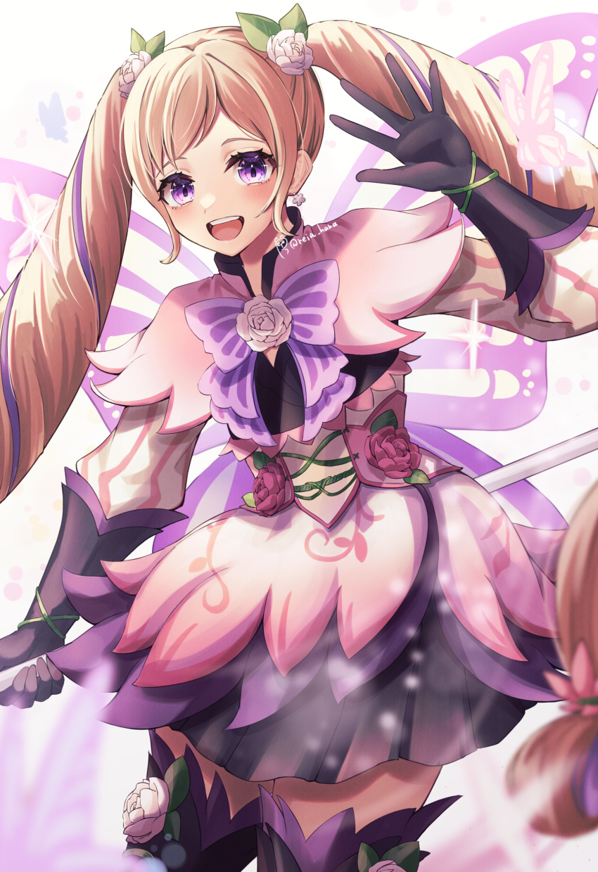 1girl :d absurdres arm_up black_gloves blonde_hair boots bow bug butterfly cowboy_shot dress drill_hair earrings elise_(fire_emblem) elise_(resplendent)_(fire_emblem) fairy_wings fire_emblem fire_emblem_fates fire_emblem_heroes flower flower_earrings gloves hair_flower hair_ornament highres holding holding_staff jewelry layered_skirt leaf_hair_ornament long_hair looking_at_viewer multicolored_hair official_alternate_costume open_mouth pink_dress plant pleated_skirt purple_bow purple_flower purple_hair reia_hana short_dress signature simple_background skirt smile solo staff teeth thigh_boots twin_drills twintails twitter_username two-tone_hair upper_teeth_only vines violet_eyes waving white_background white_flower wings