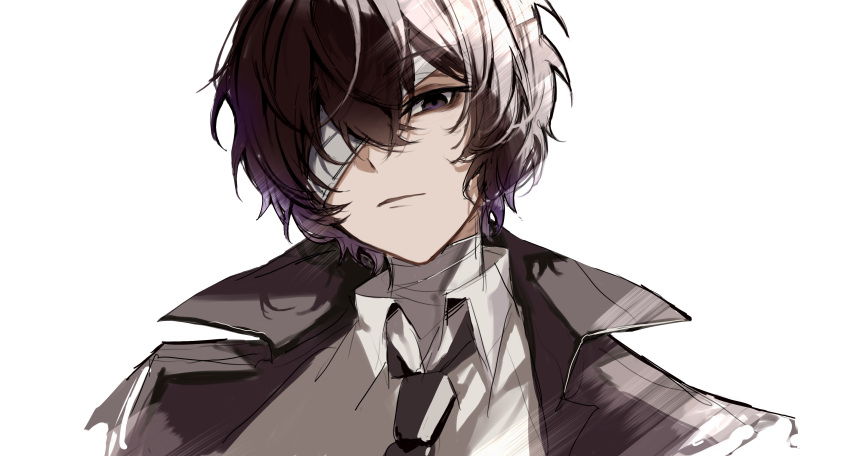 1boy absurdres bandage_over_one_eye black_eyes black_hair black_jacket black_necktie bungou_stray_dogs closed_mouth dazai_osamu_(bungou_stray_dogs) expressionless hair_between_eyes highres jacket looking_at_viewer male_focus necktie shirt short_hair simple_background solo upper_body white_background white_shirt ya_ta