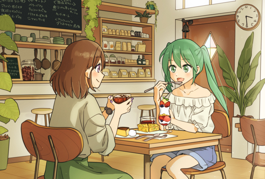 2girls :d analog_clock bare_shoulders blue_shorts blush brown_hair cafe cake chalkboard_sign clock closed_mouth collarbone day drink eye_contact food frying_pan green_eyes green_hair green_skirt grey_shirt hair_between_eyes holding holding_drink holding_spoon indoors inverted_watch long_hair looking_at_another matsumine_(twin-mix) multiple_girls off-shoulder_shirt off_shoulder open_mouth original parfait plant plate potted_plant profile shirt shop_bell shorts sidelocks sitting skirt smile spoon table twintails violet_eyes watch watch white_shirt wooden_chair wooden_table