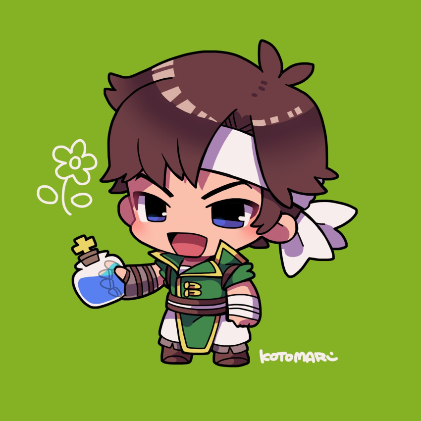 1boy blue_eyes blush brown_footwear brown_hair castlevania_(series) chibi chibi_only fingerless_gloves full_body gloves green_background green_jacket highres holding holy_water jacket kotorai male_focus no_nose open_mouth pants richter_belmont simple_background single_glove solo standing white_headwear white_pants