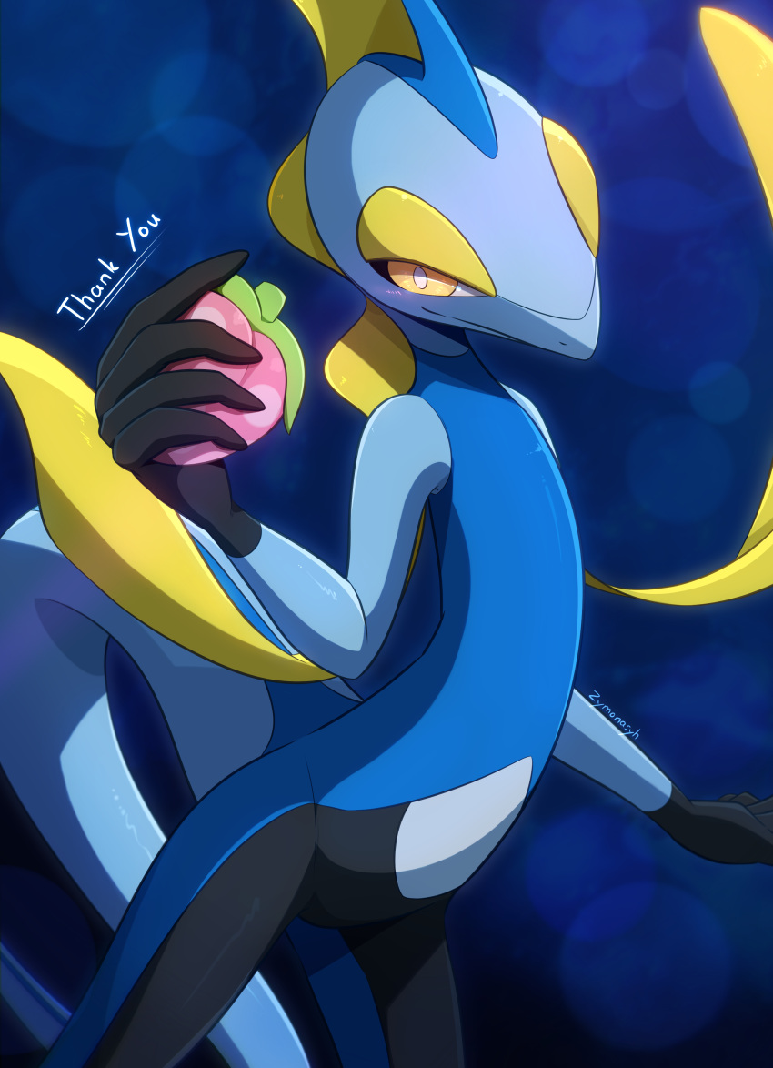 absurdres berry_(pokemon) blue_background blush bright_pupils closed_mouth commentary_request hand_up highres holding inteleon pecha_berry pokemon pokemon_(creature) signature smile thank_you white_pupils yellow_eyes zymonasyh