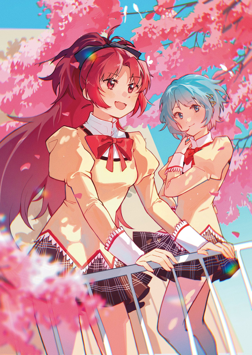 2girls :d absurdres black_skirt blue_eyes blue_hair blue_sky blurry blurry_foreground bow bowtie cherry_blossoms collared_jacket day falling_petals feet_out_of_frame from_side hair_bow hair_ornament hairclip hand_on_own_shoulder highres jacket juliet_sleeves long_hair long_sleeves looking_ahead mahou_shoujo_madoka_magica mahou_shoujo_madoka_magica_(anime) miki_sayaka mitakihara_school_uniform multiple_girls open_mouth outdoors petals plaid plaid_skirt ponytail puffy_sleeves railing red_bow red_bowtie red_eyes redhead sakura_kyoko school_uniform short_hair skirt sky smile standing yellow_jacket ziyin