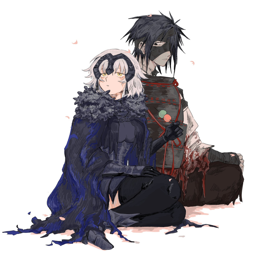 1boy 1girl armor bandage_over_one_eye bandaged_arm bandaged_head bandages black_armor black_bandages black_eyes black_hair black_thighhighs cape chiemon_(fate) dango falling_petals fate/samurai_remnant fate_(series) food fur-trimmed_cape fur_trim hand_on_own_thigh headpiece highres holding holding_food holding_skewer indian_style japanese_armor jeanne_d'arc_alter_(lancer)_(fate) multiple_scars petals plackart ruda_(ruda_0616_tfj) sanshoku_dango scar short_hair shoulder_armor simple_background sitting skewer sode thigh-highs torn_cape torn_clothes wagashi wariza white_background white_hair yellow_eyes