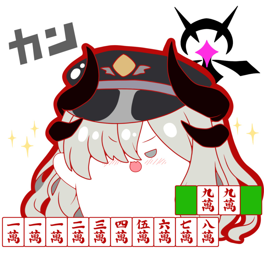 :d black_hat blue_archive blush chuuren_poutou fang grey_eyes grey_hair hair_over_eyes halo hand_up hat highres horns kurukurumagical long_hair mahjong mahjong_tile makoto_(blue_archive) outline peaked_cap red_outline simple_background smile sparkle translation_request v-shaped_eyebrows very_long_hair white_background