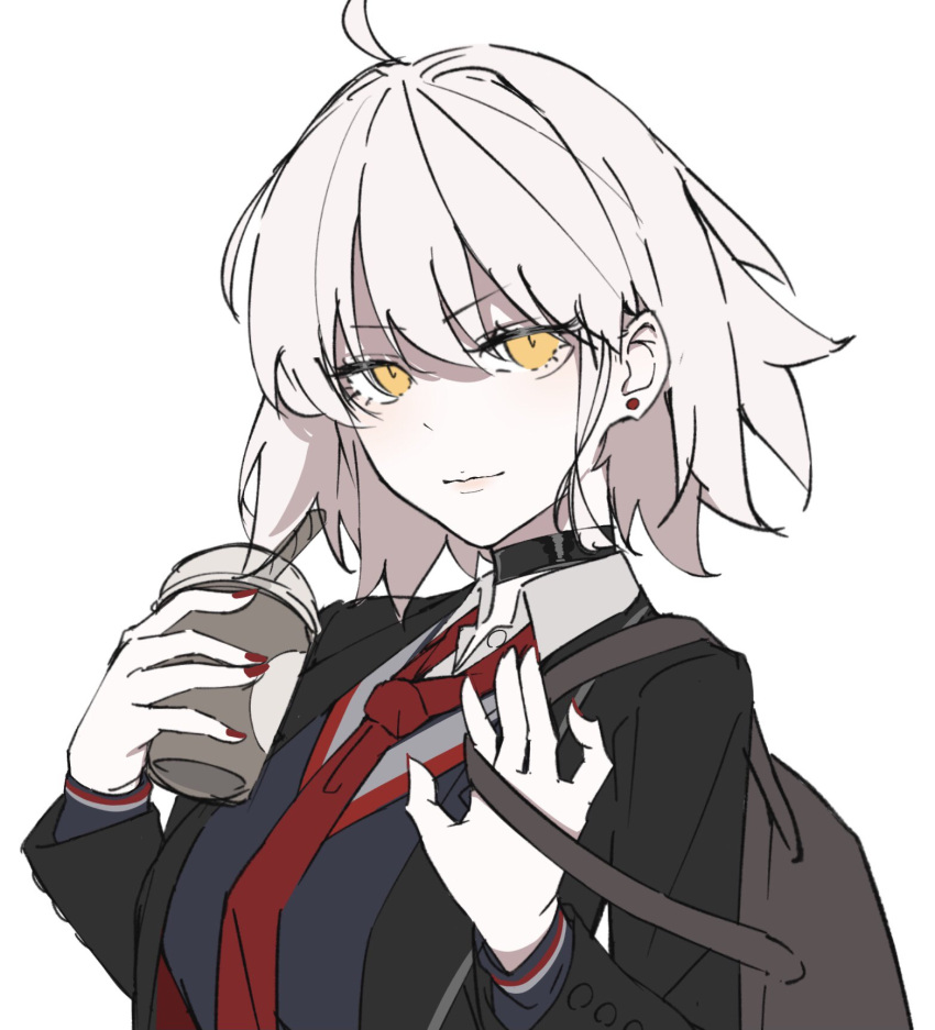 1girl ahoge bag blazer choker cup earrings fate/grand_order fate_(series) highres jacket jeanne_d'arc_alter_(avenger)_(fate) jeanne_d'arc_alter_(fate) jewelry jitome lips medium_hair necktie pale_skin red_nails red_necktie ri_o_ne_su simple_background solo stud_earrings sweater white_background wind yellow_eyes