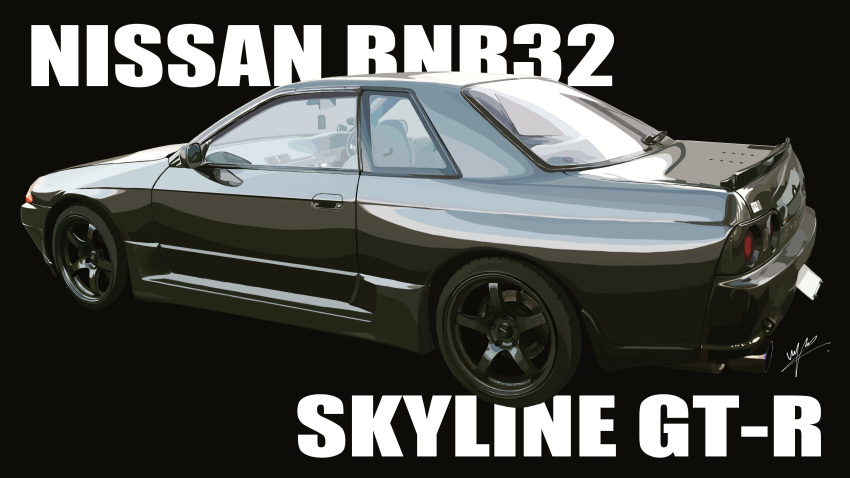 absurdres car from_side highres impact_(font) motor_vehicle nissan nissan_skyline nissan_skyline_gt-r nissan_skyline_r32 no_humans original realistic signature sports_car vehicle_focus vehicle_name waju220