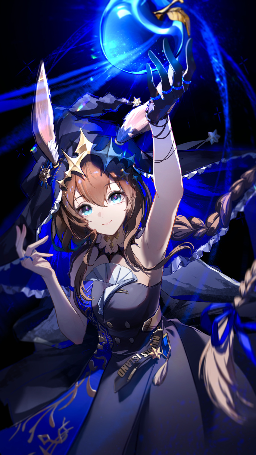 1girl ambience_synesthesia amiya_(arknights) animal_ears arknights arm_up armpits bare_shoulders black_background blue_dress blue_eyes blue_gloves blue_hat blue_ribbon braid brown_hair closed_mouth dress gloves hair_ornament hair_ribbon hand_up hat highres large_hat liu_liaoliao long_hair ribbon single_glove smile solo witch_hat