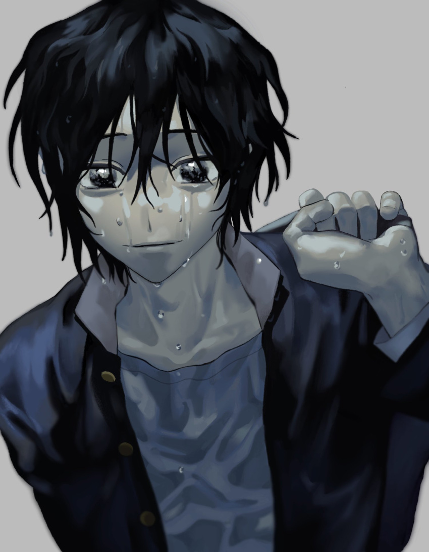1boy arm_at_side bag black_eyes black_hair black_jacket blue_shirt carrying_over_shoulder closed_mouth gakuran grey_background hand_up highres holding holding_bag jacket long_sleeves looking_at_viewer male_focus open_clothes open_jacket pale_skin randal's_friends school_uniform shirt short_hair simple_background smile solo takushi_(taxi739) tsukada_satoru upper_body wet wet_clothes wet_face wet_hair