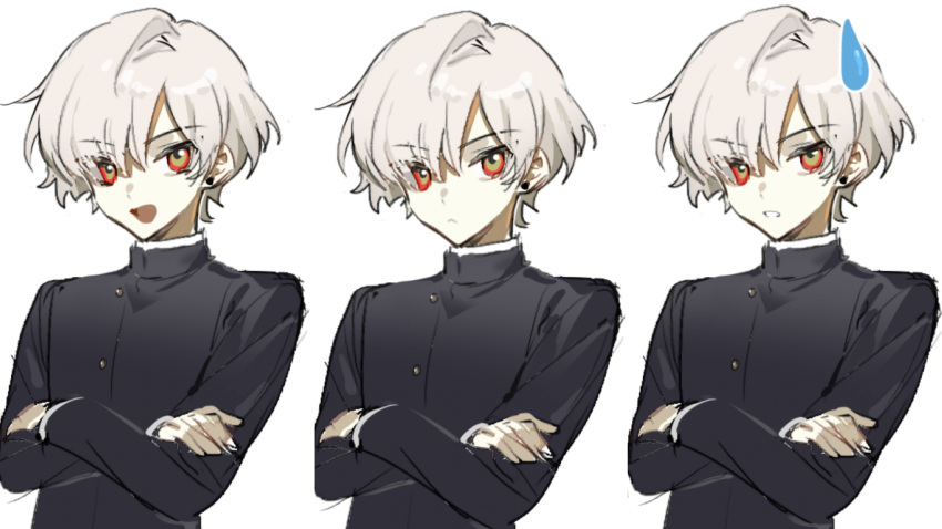 1boy :&lt; absurdres black_jacket call_of_cthulhu character_request closed_mouth crossed_arms gakuran highres jacket long_sleeves male_focus mingjing_fangfu_keyi_zhanduan_chuntian multicolored_eyes open_mouth school_uniform short_hair simple_background smile sweatdrop upper_body variations white_background white_hair xiaohuaitongxue
