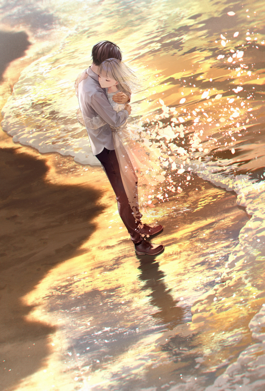 1boy 1girl beach black_pants blonde_hair brown_footwear brown_hair closed_eyes commentary_request couple dress fading foaming_waves full_body ghost highres hug light_particles long_hair ocean original pants sand shirt short_hair smile sousou_(sousouworks) standing sunset water waves white_dress white_shirt wind
