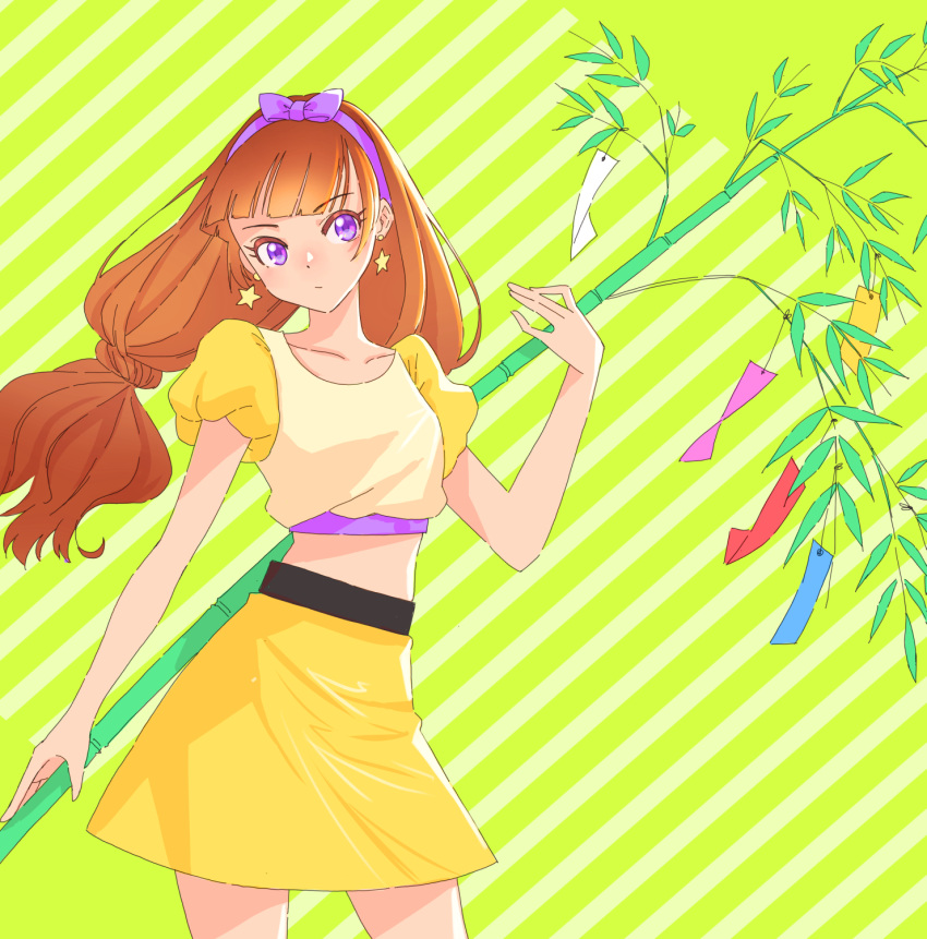 1girl amanogawa_kirara bamboo blunt_bangs branch brown_hair casual closed_mouth commentary cowboy_shot cropped_shirt earrings frown go!_princess_precure hairband highres holding holding_behind_back holding_branch jewelry jj_(ssspulse) long_hair looking_at_viewer midriff miniskirt precure puffy_short_sleeves puffy_sleeves purple_hairband shirt short_sleeves skirt solo standing star_(symbol) star_earrings tanabata tanzaku twintails violet_eyes yellow_shirt yellow_skirt