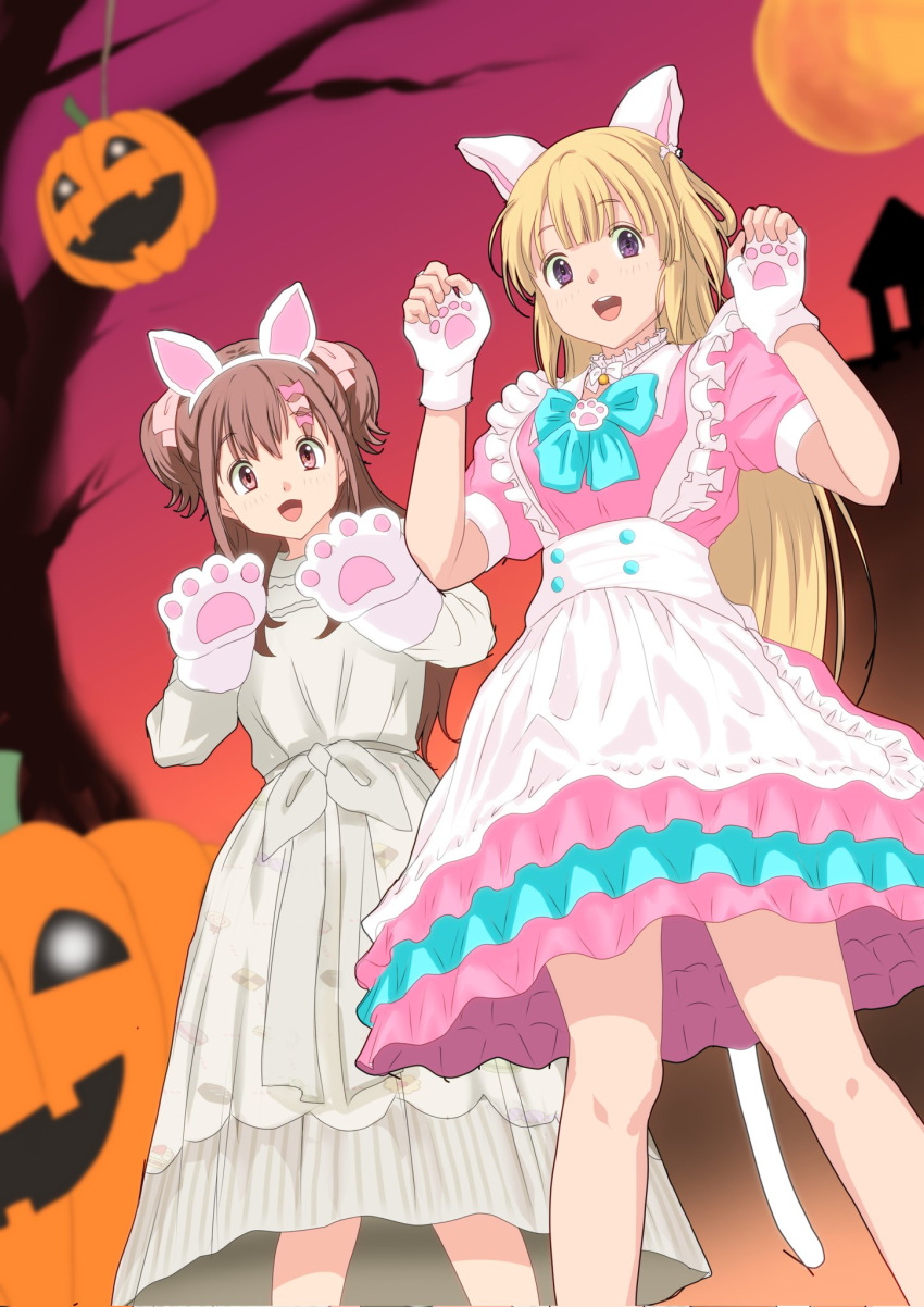 22/7 2girls animal_ears animal_hands apron arms_up blonde_hair blue_bow bow brown_eyes brown_hair bxtbsy7q76gxh73 cat_ears cat_paws cat_tail claw_pose cowboy_shot from_below fujima_sakura hair_ornament hair_ribbon halloween highres jack-o'-lantern long_hair looking_at_viewer maid maid_apron moon multiple_girls open_mouth ribbon sera_honoka smile tail twintails violet_eyes