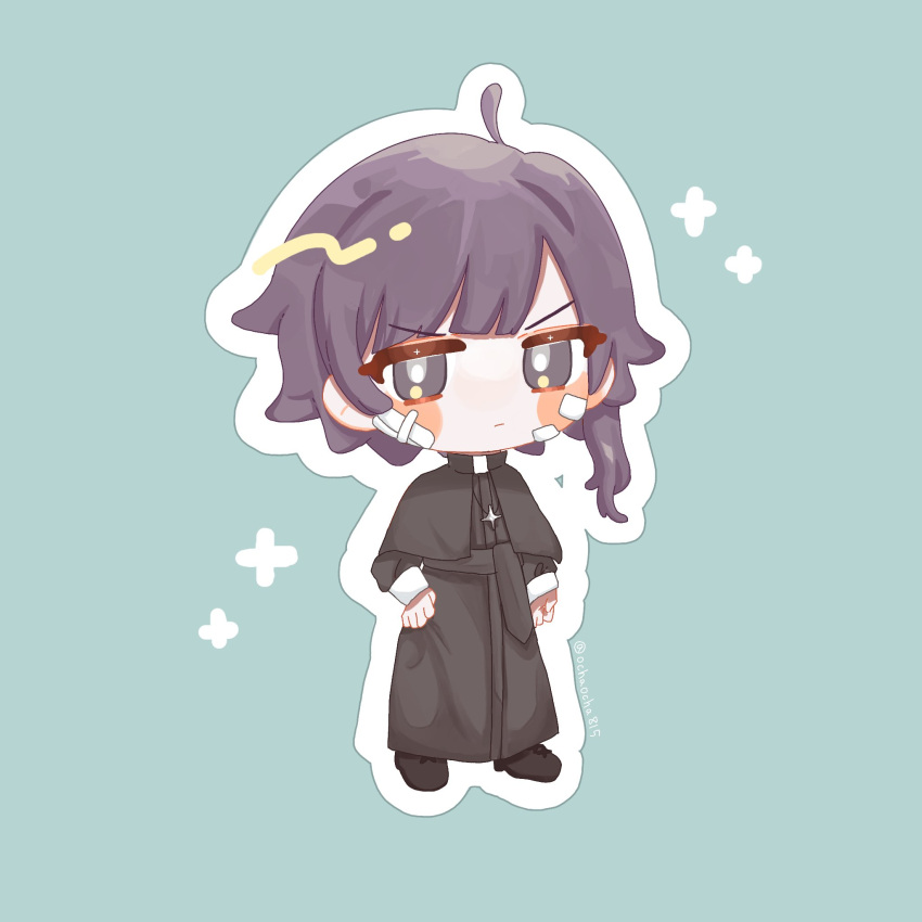 &gt;:( 1boy ahoge asymmetrical_bangs asymmetrical_hair bandaid bandaid_on_cheek bandaid_on_face black_capelet blush_stickers border bright_pupils capelet chibi chibi_only cross cross_necklace green_background habit hand_on_own_hip happy_saint_sheol highres jewelry jitome looking_at_viewer necklace ochaocha815 priest purple_hair securett_rafe serious single_sidelock standing v-shaped_eyebrows violet_eyes white_border white_pupils