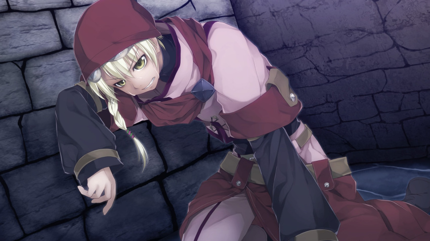 1boy against_wall atelier-moo belt blonde_hair braid clenched_teeth goggles goggles_on_head grey_swift hair_between_eyes hat highres kneeling leaning_forward long_sleeves male_focus open_mouth red_hat short_hair solo stone_floor stone_wall sweat teeth unworn_goggles wizards_symphony yellow_eyes