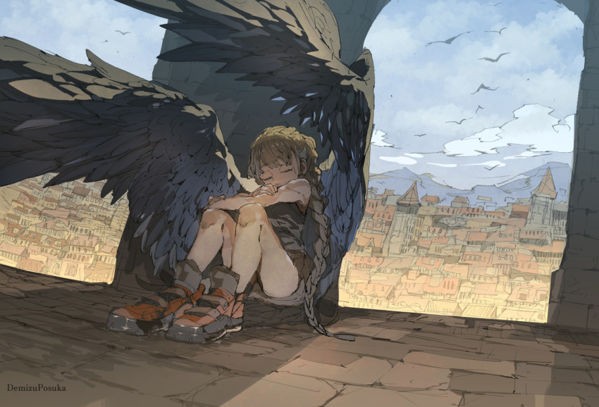 1girl against_wall arch bird black_shirt braid brown_hair brown_skirt cityscape closed_eyes clouds commentary_request demizu_posuka feathered_wings hugging_own_legs long_hair mountainous_horizon original red_footwear shirt skirt solo wings