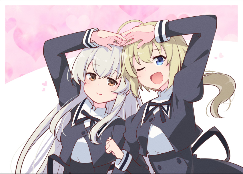 2girls ;d ahoge amano_soraha arm_at_side arm_hug arm_up assault_lily back_cutout black_ribbon black_skirt blue_eyes blush breasts brown_eyes buttons closed_mouth clothing_cutout commentary_request cropped_jacket egawa_kusumi grey_hair hair_between_eyes hand_up heart_arms_duo high-waist_skirt highres holding_hands interlocked_fingers jewelry juliet_sleeves long_hair long_sleeves looking_at_viewer low_ponytail medium_breasts morugen multiple_girls neck_ribbon one_eye_closed pink_background ponytail puffy_sleeves ribbon ring school_uniform side-by-side sidelocks skirt smile standing two-tone_background underwear very_long_hair white_background yurigaoka_girls_academy_school_uniform