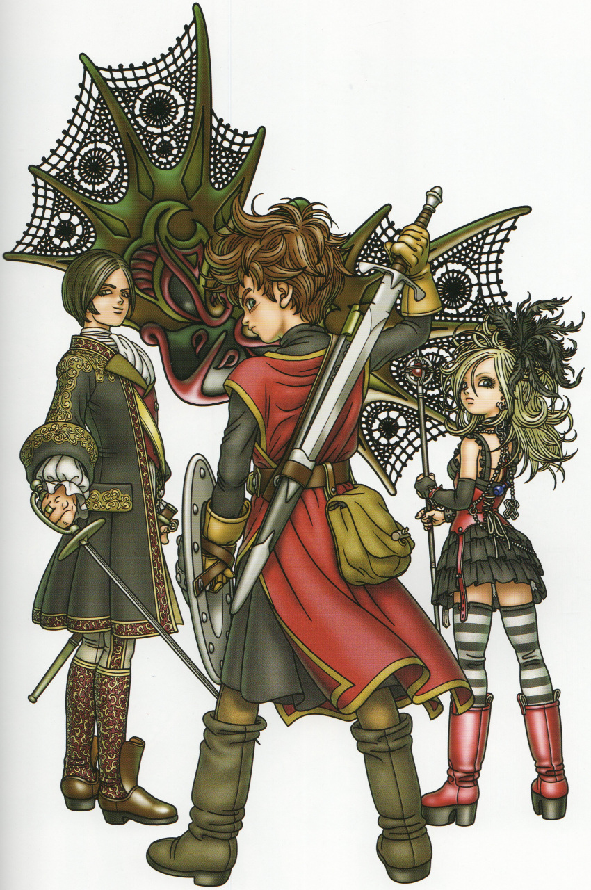 1girl 2boys absurdres ascot bare_shoulders belt black_coat black_dress black_eyes black_feathers black_hair black_thighhighs black_tunic blonde_hair boots bracelet brown_belt brown_eyes brown_footwear buttons choker coat commentary corset cross dean_(dq_swords) detached_sleeves dragon_quest dragon_quest_swords dress earrings eyelashes eyeshadow fanny_pack feather_hair_ornament feathers fingernails frilled_straps frills from_behind full_body gold_trim grey_eyes grey_eyeshadow hair_ornament hero_(dq_swords) highres holding holding_shield holding_staff holding_sword holding_weapon jewelry jitome knee_boots latin_cross layered_dress long_sleeves looking_back makeup messy_hair multiple_boys official_art pants parted_bangs platform_boots platform_footwear pleated_dress profile red_corset red_footwear red_tunic red_vest sash scabbard serious setia sheath sheathed shield shoulder_sash simple_background single_detached_sleeve smirk spaghetti_strap spiked_bracelet spiked_choker spikes staff standing straight_hair striped_clothes striped_thighhighs sword thigh-highs toriyama_akira tunic two-tone_thighhighs vest victorian wavy_hair weapon white_ascot white_background white_pants white_thighhighs zettai_ryouiki