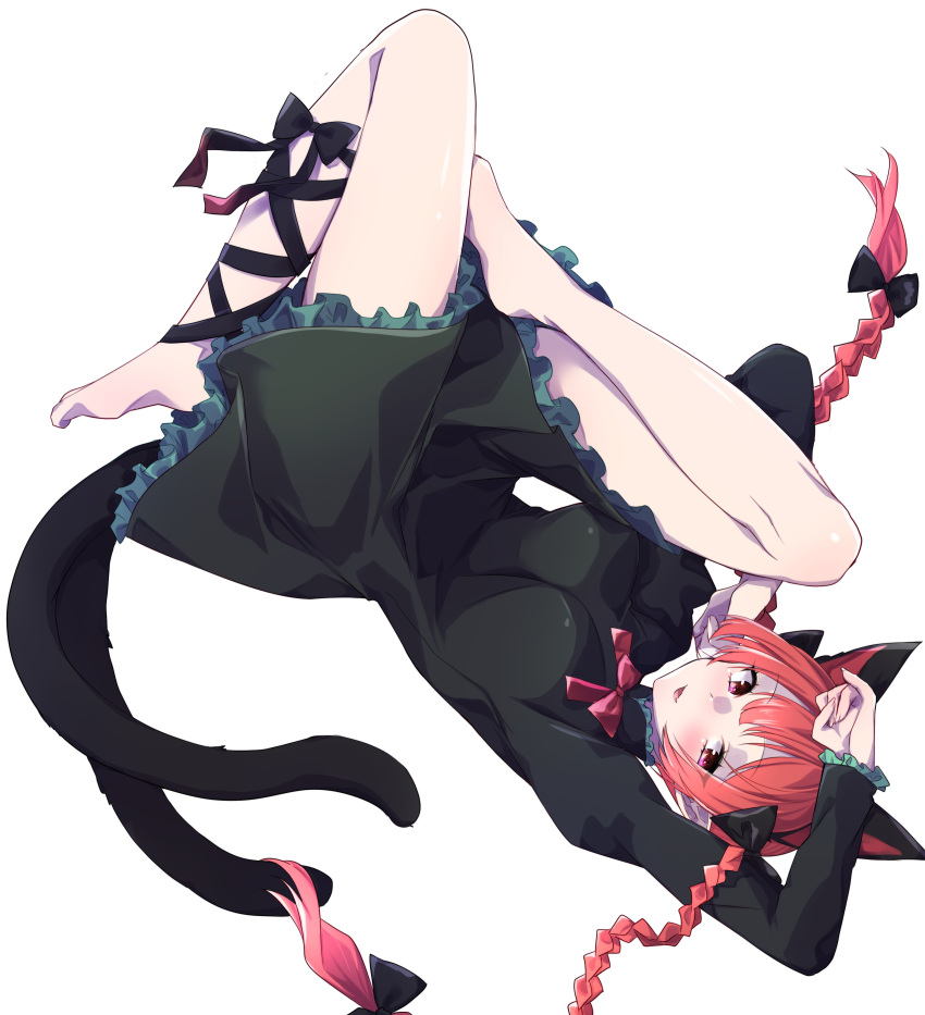 1girl absurdres animal_ears barefoot black_bow black_dress black_ribbon bow braid cat_ears cat_girl cat_tail commentary dress extra_ears full_body hair_bow highres kaenbyou_rin leg_ribbon legs long_hair long_sleeves looking_at_viewer multiple_tails nekomata red_eyes redhead ribbon side_braids simple_background solo tail touhou twin_braids two_tails white_background yukina_(masyumaro610)