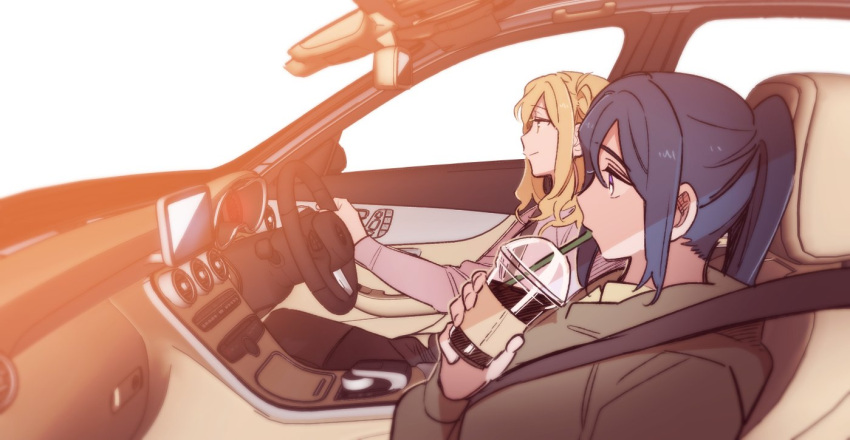 2girls blonde_hair blue_hair car_interior closed_mouth commentary_request drinking drinking_straw drinking_straw_in_mouth driving grey_hoodie hood hood_down hoodie korean_commentary long_hair long_sleeves love_live! love_live!_sunshine!! matsuura_kanan multiple_girls ohara_mari pink_shirt pito_(sh02327) ponytail shirt simple_background smile steering_wheel violet_eyes white_background