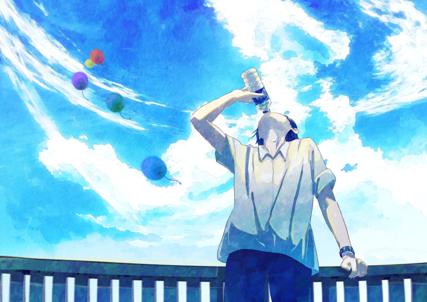 1boy against_railing arm_support balloon black_hair black_pants blue_sky bottle clouds cloudy_sky collared_shirt day drinking facing_up floating highres holding holding_bottle kumagaya_nono male_focus original outdoors pants railing school_uniform shirt short_hair short_sleeves sky sleeves_rolled_up solo water_bottle white_shirt wristband