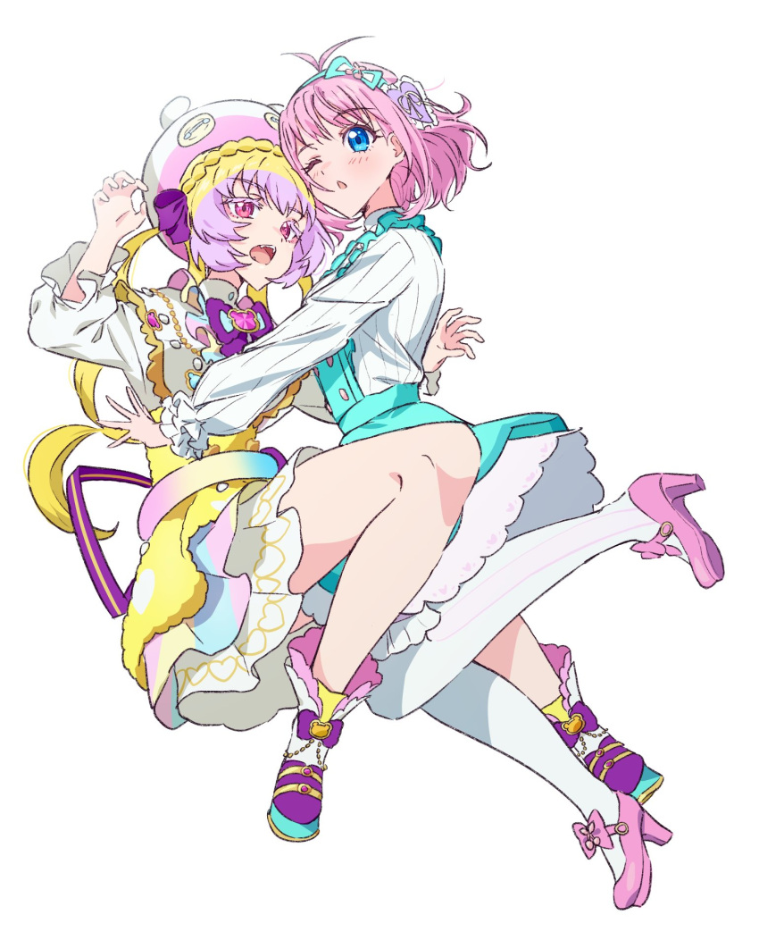 2girls amauri_miruki antenna_hair blonde_hair blue_eyes blue_skirt braid capelet claw_pose commentary crown_braid dolldolldd full_body hair_ornament hanitan hat heart heart_hair_ornament high_heels highres layered_skirt long_hair long_sleeves looking_at_another multicolored_hair multiple_girls one_eye_closed open_mouth pantyhose pink_eyes pink_footwear pink_hair pretty_series purple_hair quad_tails shirt shoes short_hair simple_background sitting skirt smile standing standing_on_one_leg symbol-only_commentary waccha_primagi! white_background white_capelet white_pantyhose white_shirt yellow_skirt