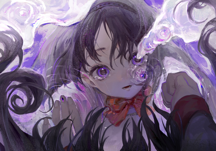 1girl akemi_homura black_hair black_hairband bow bowtie chinese_commentary clenched_hand commentary_request hairband highres lanmi_lemmy long_hair long_sleeves looking_at_viewer mahou_shoujo_madoka_magica mahou_shoujo_madoka_magica_(anime) open_mouth portrait red_bow red_bowtie reflection ripples solo tearing_up tears violet_eyes
