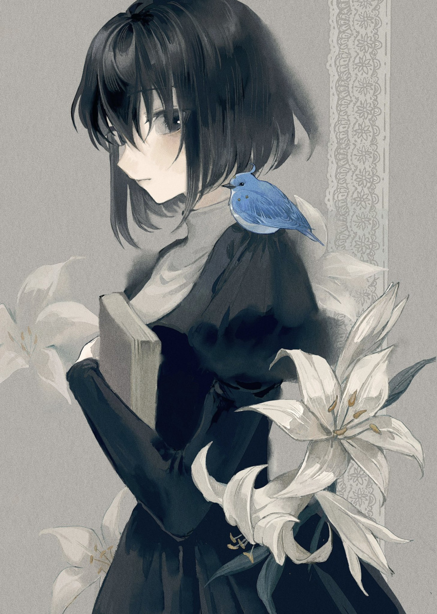 1girl animal animal_on_shoulder bird bird_on_shoulder black_dress black_eyes black_hair blue_bird bob_cut book closed_mouth dou_(doudouzi) dress expressionless flower from_side grey_background hair_between_eyes highres holding holding_book juliet_sleeves lace lily_(flower) long_sleeves looking_at_viewer original puffy_sleeves short_hair solo upper_body white_flower