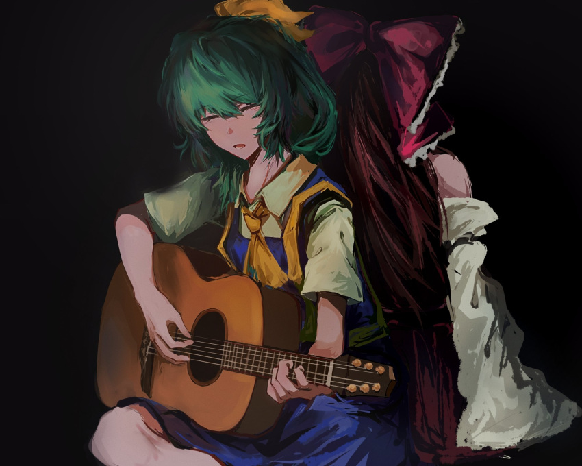 2girls acoustic_guitar ascot back-to-back black_background blue_skirt blue_vest bow brown_hair chinese_commentary closed_eyes collared_shirt commentary_request cookie_(touhou) daiyousei detached_sleeves diyusi_(cookie) feet_out_of_frame frilled_bow frills green_hair guitar hair_bow hakurei_reimu hana_(skhgrandiflorus) highres holding holding_guitar holding_instrument instrument long_hair medium_hair multiple_girls noel_(cookie) open_mouth playing_guitar red_bow shirt simple_background sitting skirt skirt_set touhou very_long_hair vest white_shirt white_sleeves yellow_ascot yellow_bow